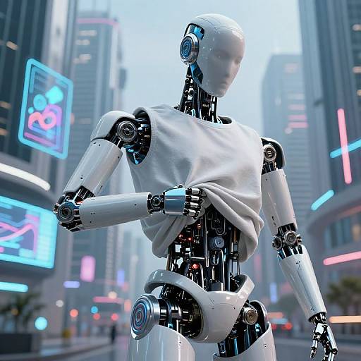 Digital CGI of a sleek, white humanoid robot with metallic joints, lifting a white shirt in a futuristic, neon-lit cityscape.