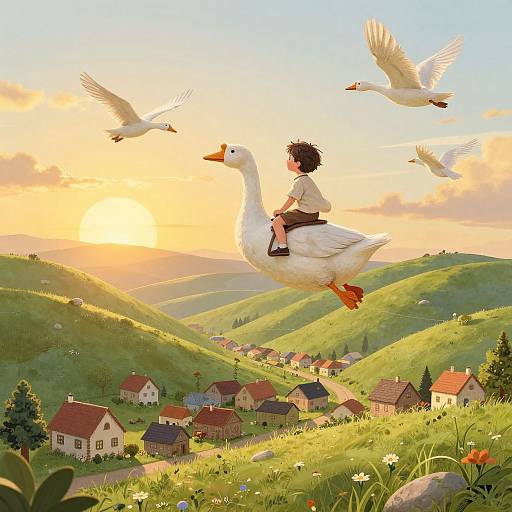Digital illustration: A young boy with curly hair sits on a white goose, soaring above a sunlit, green hillside village, surrounded by flying ge