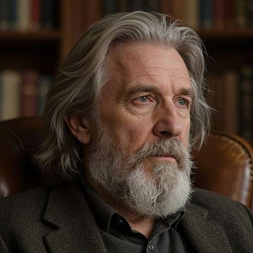 Photograph of an older white man with long gray hair, white beard, wearing a black shirt and brown blazer, sitting in a library. Serious