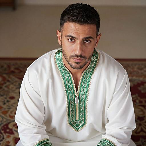 Photograph of a Middle Eastern man with short black hair, beard, and intense expression, wearing a white traditional shirt with green embroidery, seated on a