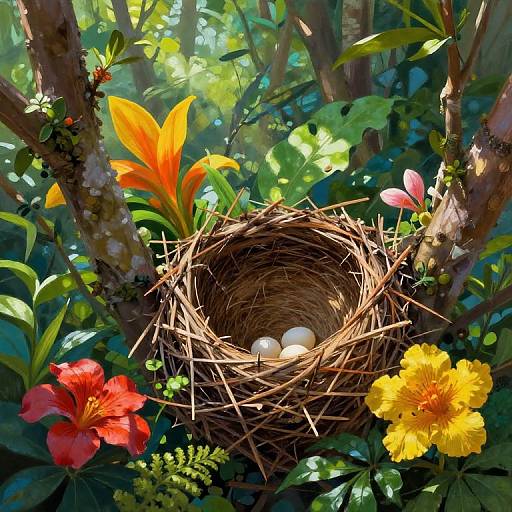 Digital painting of a bird's nest with three white eggs, nestled among vibrant yellow and orange flowers, and green foliage in a sunlit forest.