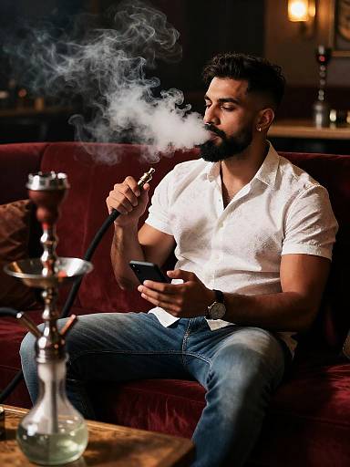 Relaxed Man Smoking Shisha in Lounge