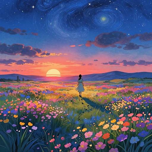 Digital painting: Girl in white dress stands in vibrant, colorful meadow with multicolored flowers, sunset, and swirling galaxy in starry night sky