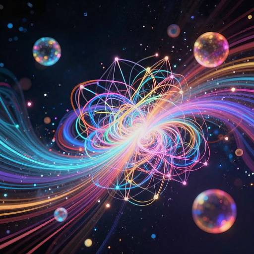 Digital art of a vibrant, glowing, multicolored, geometric vortex against a dark, star-filled space background with colorful, swirling lines and three colorful