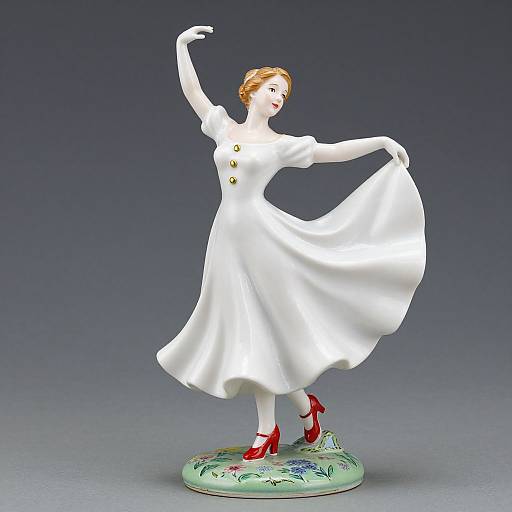 Photograph of a white porcelain figurine of a dancing woman in a flowing dress, red shoes, and green base with floral patterns, against a gradient
