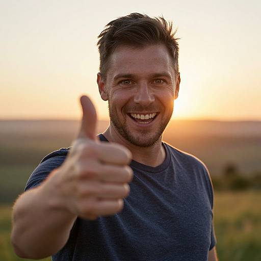 Photograph of a smiling, bearded man with short brown hair, wearing a blue shirt, giving a thumbs-up, set against a sunset sky.
