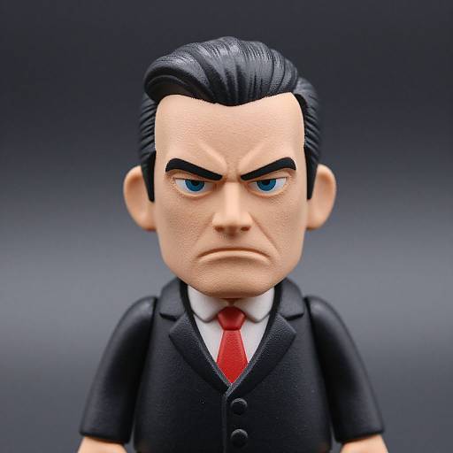 Photograph of a detailed LEGO minifigure with a stern expression, black hair, blue eyes, black suit, white shirt, and red tie,