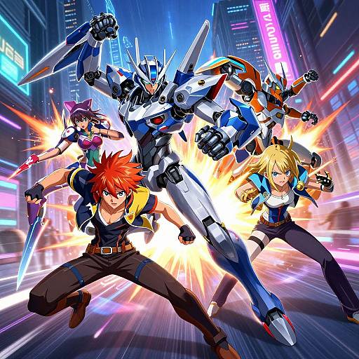 Digital anime-style artwork of four futuristic mecha warriors in dynamic combat poses, set against a neon-lit cityscape background. Bright colors, energetic action