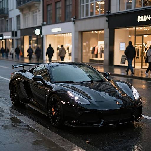 Photograph of a sleek, black, wet, sports car with glowing headlights parked on a rainy urban street, illuminated shop windows in background.