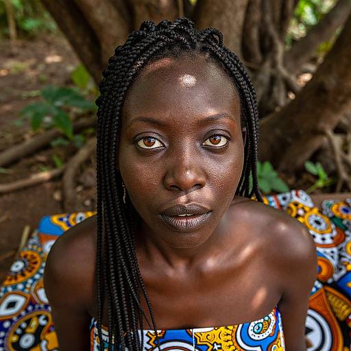 Photograph of a dark-skinned woman with braided hair, brown eyes, and a colorful patterned cloth, seated outdoors under tree roots.