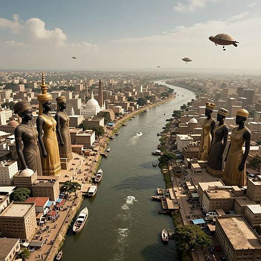 Aerial photograph of a bustling city with towering golden statues flanking a river, surrounded by dense buildings and flying airships.