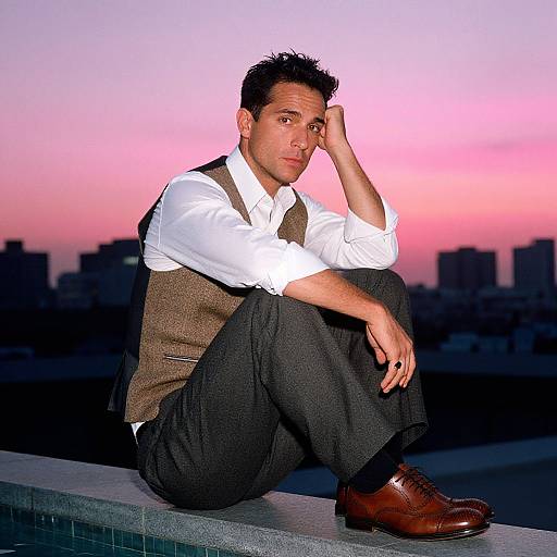 Man in Tweed Waistcoat at Rooftop Sunset