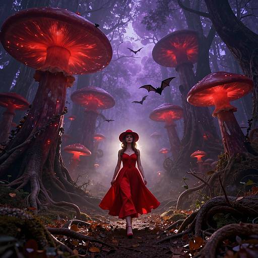 Digital fantasy artwork: A silhouetted woman in a red dress stands in a mystical forest with glowing red mushrooms and flying bats, illuminated by a