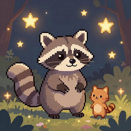 Pixel art of a cute, chubby raccoon with a striped tail and a small orange fox standing under glowing yellow stars in a dark, forested night