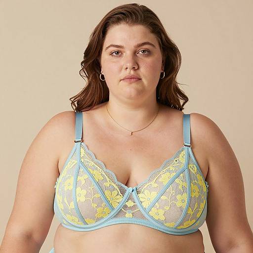 Plus-Sized Woman in Blue and Yellow Lace Bra