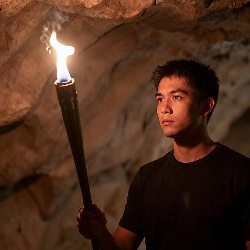 Young Man Holding Lit Torch in Cave