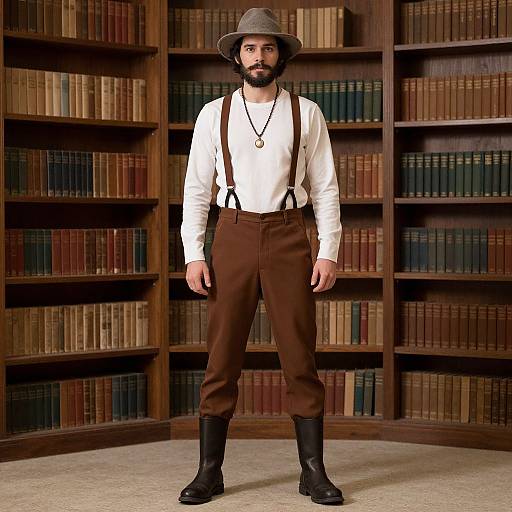 Photograph of a bearded man in white shirt, brown suspenders, brown pants, black boots, and gray hat, standing in front of a