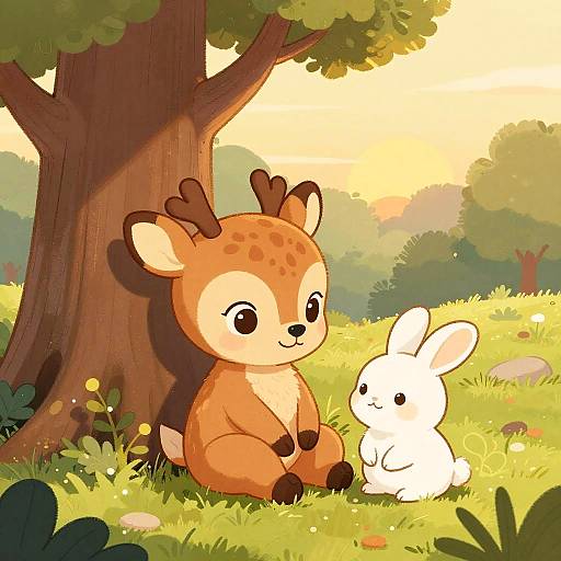 Cozy Cartoon Baby Deer and Rabbit