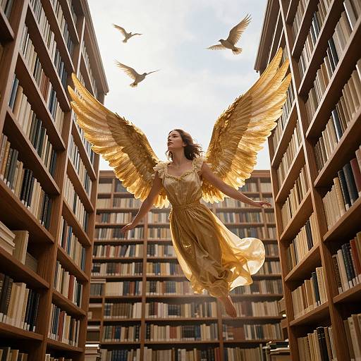 Photograph of a woman with golden wings and dress, soaring between towering bookshelves, surrounded by flying birds in a library.