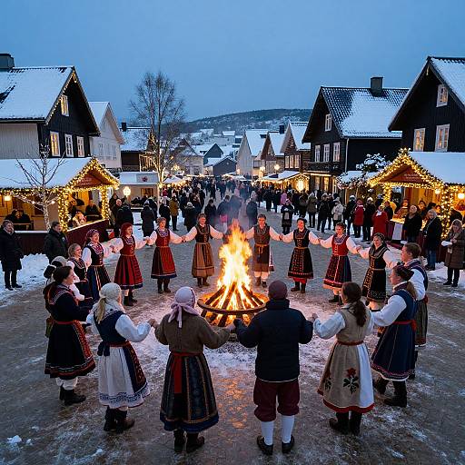 Photograph of a winter village festival: children in traditional Nordic dresses circle a bonfire, surrounded by snow-covered houses adorned with lights.