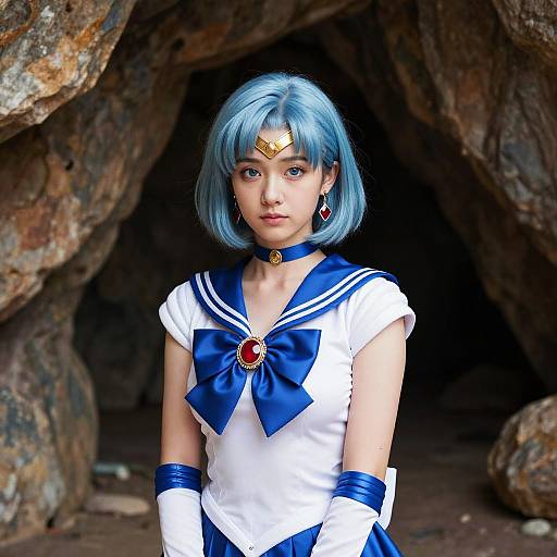 Photorealistic CGI of a young Asian woman with blue bob hair, dressed as Sailor Moon, standing in a rocky cave entrance.