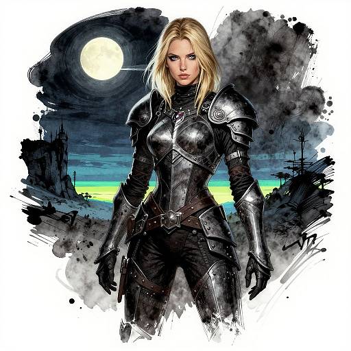 Digital artwork of a fierce, blonde, blue-eyed woman in black, shiny medieval armor standing under a full moon, with a dark, cloudy sky and