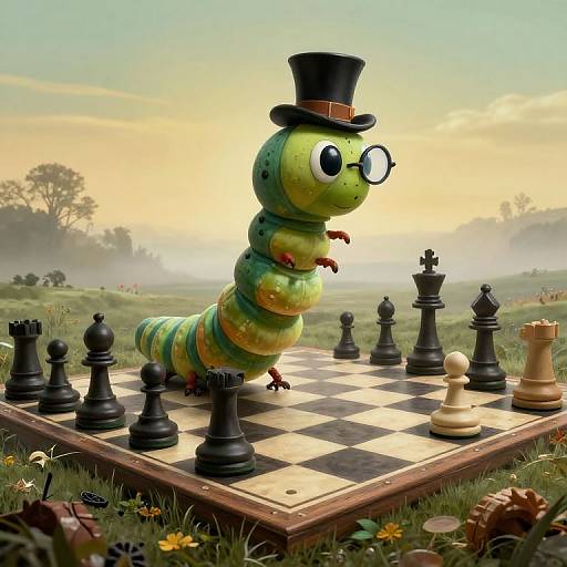 Digital illustration of a green, worm-shaped chess piece with a top hat and glasses, standing on a chessboard in a misty, grassy field