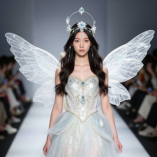 Photograph of an East Asian model on a runway, wearing a white, sparkling fairy dress with translucent wings and a silver crown, in a brightly lit
