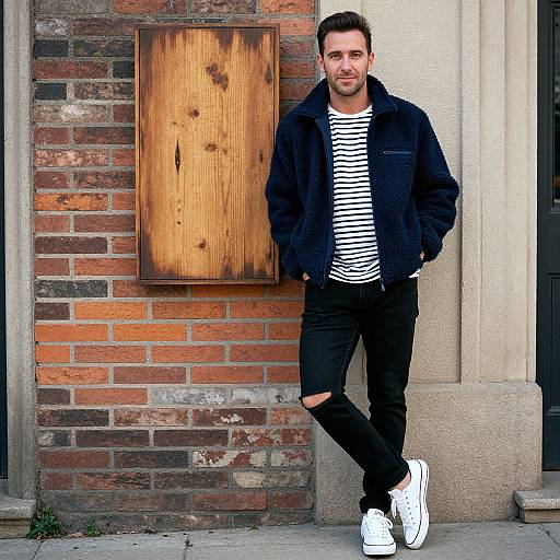 Photograph of a casually dressed man in a black jacket, striped shirt, ripped jeans, and white sneakers, leaning against a brick wall with a wooden