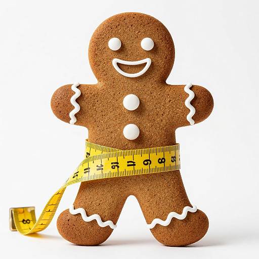 Photograph of a brown gingerbread cookie with white icing smile, eyes, and buttons, wearing a yellow measuring tape around its waist against a white background