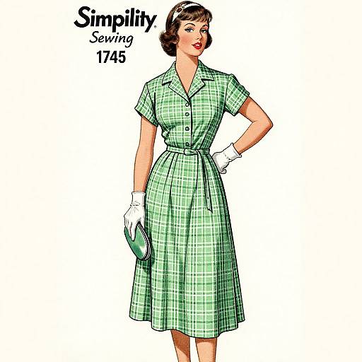 Vintage-style illustration of a 1940s woman in a green plaid dress, white gloves, and short bob haircut, holding a green handbag
