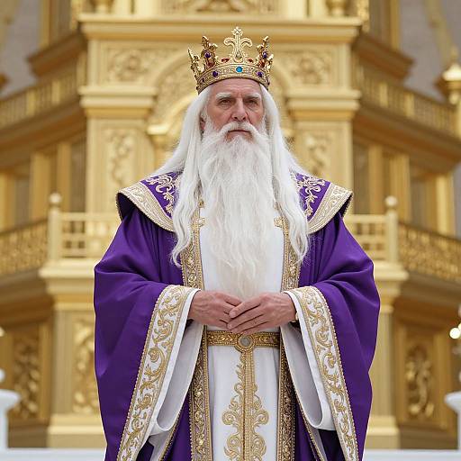 Photograph of an elderly white man with a long white beard, wearing a gold crown, purple and gold ornate robe, standing in a grand,