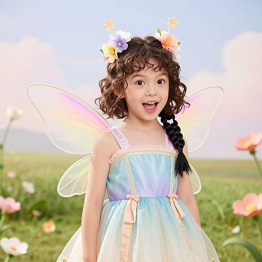 Photograph of a curly-haired, Asian girl with fairy wings, flower crown, and pastel dress, smiling brightly in a sunny, colorful meadow