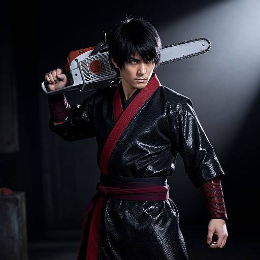 Photograph of a serious, black-haired man in a shiny black and red karate gi, holding a chainsaw over his shoulder, illuminated by dramatic