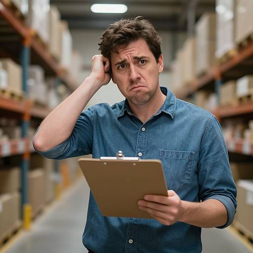 Photograph of a confused, dark-haired man in a blue denim shirt holding a clipboard in a warehouse aisle, hand on head.