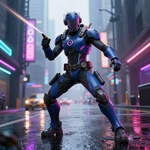 CGI image of a futuristic, armored soldier in neon-lit, rainy urban street, pointing a glowing weapon, with neon signs and wet pavement.