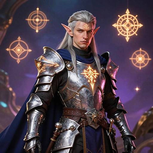 Digital fantasy artwork of an elven warrior with long silver hair, pointed ears, and glowing runes on his silver armor, standing against a mystical, purple