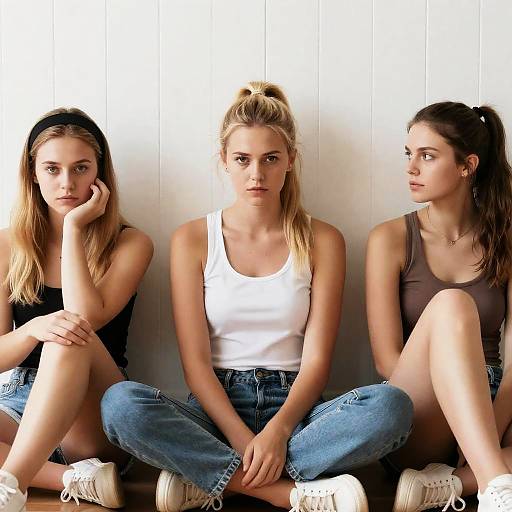 Three Young Women Sitting Against White Wall