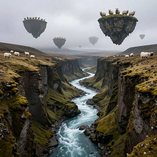 Fantastical digital artwork: floating grassy islands with sheep, over a rugged, misty landscape with a turbulent river and rocky cliffs.