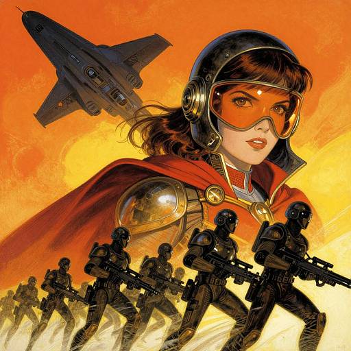 Digital comic-style artwork: A female superhero with brown hair, red cape, and helmeted visor, flanked by soldiers, with a jet in