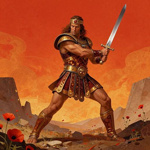 Muscular warrior with long brown hair, in golden armor and red skirt, holds raised sword against fiery orange sky, surrounded by red poppies and rocky