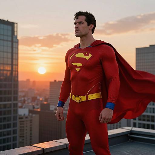 Photograph of a muscular, dark-haired man in red Superman costume with yellow 