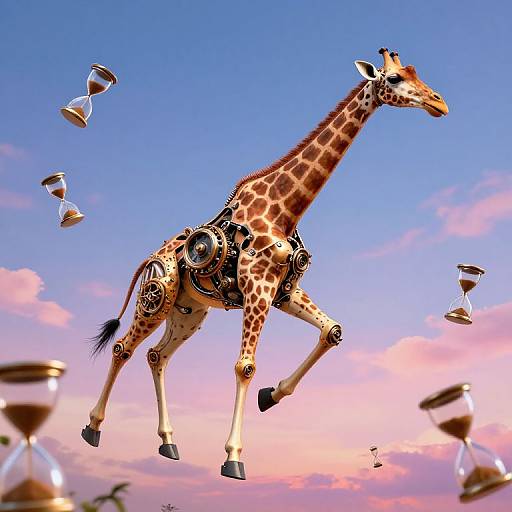 Digital artwork of a giraffe with intricate tribal patterns, floating against a pink and blue sky, surrounded by floating coffee cups.