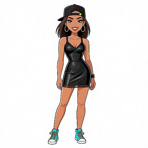 Digital illustration of a confident woman with tan skin, black bob haircut, wearing a black cap, hoop earrings, black leather dress, blue sneakers, and