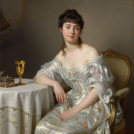 Portrait of a pale-skinned, dark-haired woman in a shimmering, off-shoulder dress, seated beside a table with a golden goblet