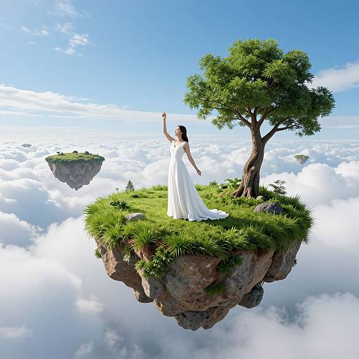 Digital artwork of a bride in a white gown standing on a floating grassy cliff with a tree, reaching up to the blue sky. Cloud-covered landscape