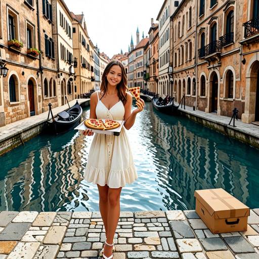 Joyful Woman Enjoying Pizza by Canal