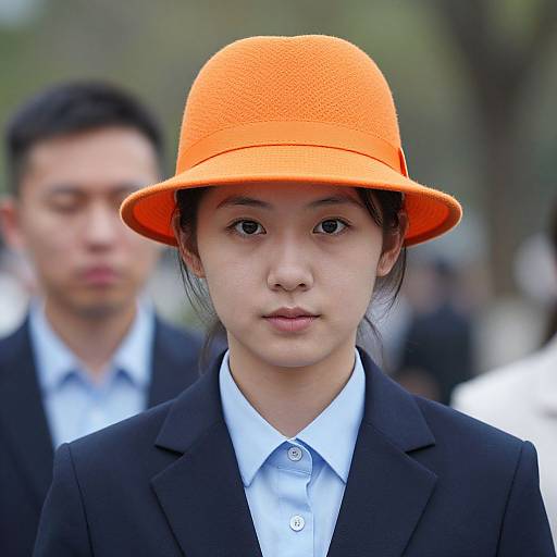 Photograph of a young Asian woman with fair skin, black hair, wearing an orange hat, black blazer, and white shirt, standing in front