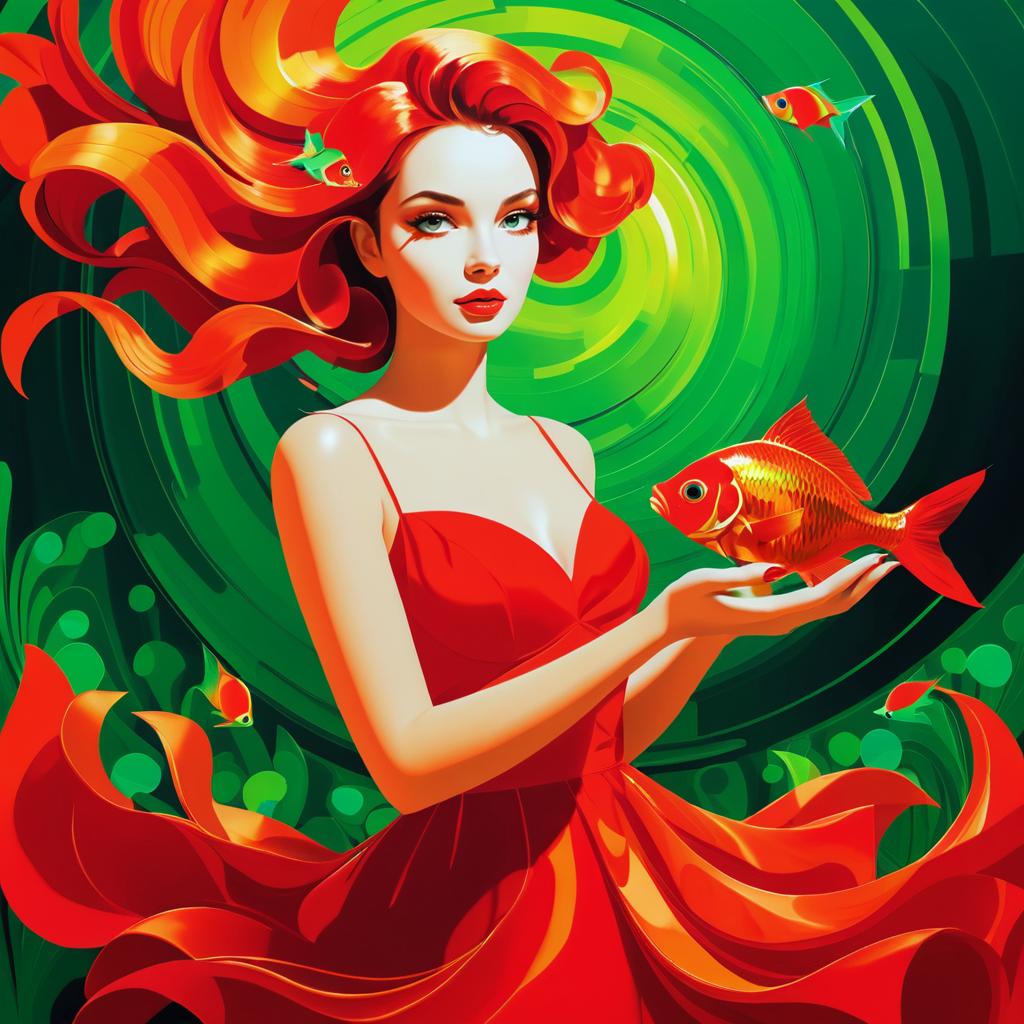 Surreal Woman in Red Dress with Goldfish