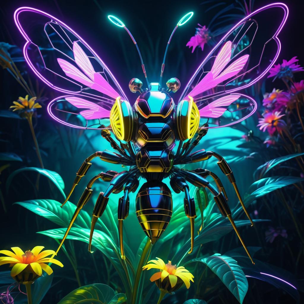 Surreal Cyberpunk Bee in Neon Garden